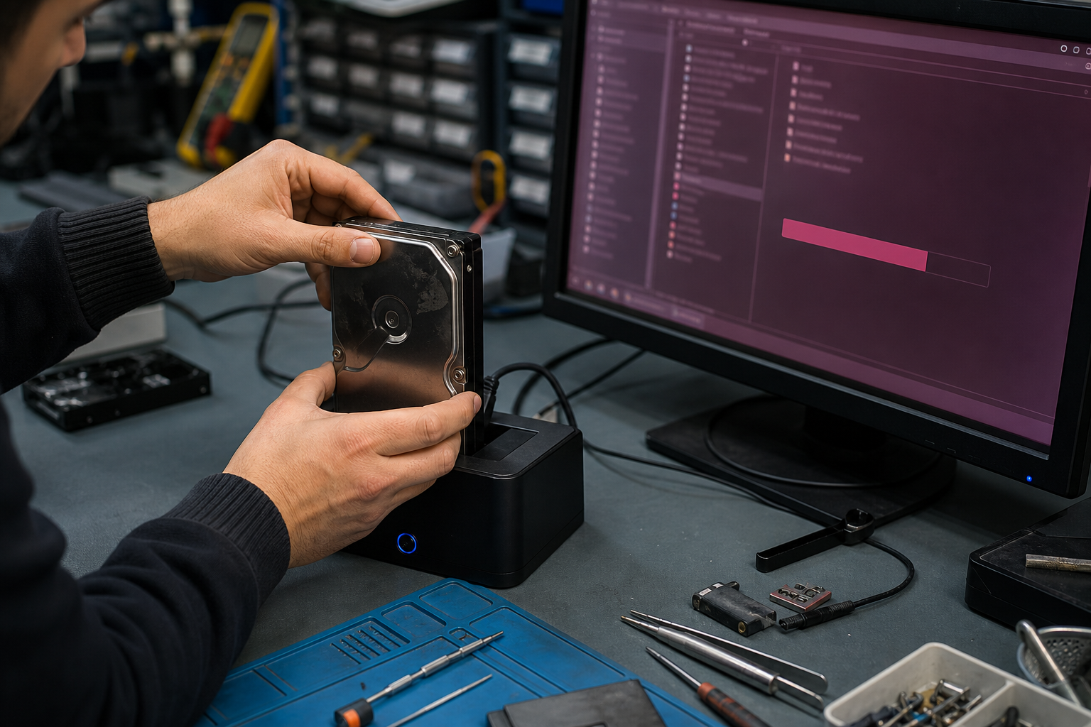 Technicien connectant un disque dur en panne à une station de récupération de données