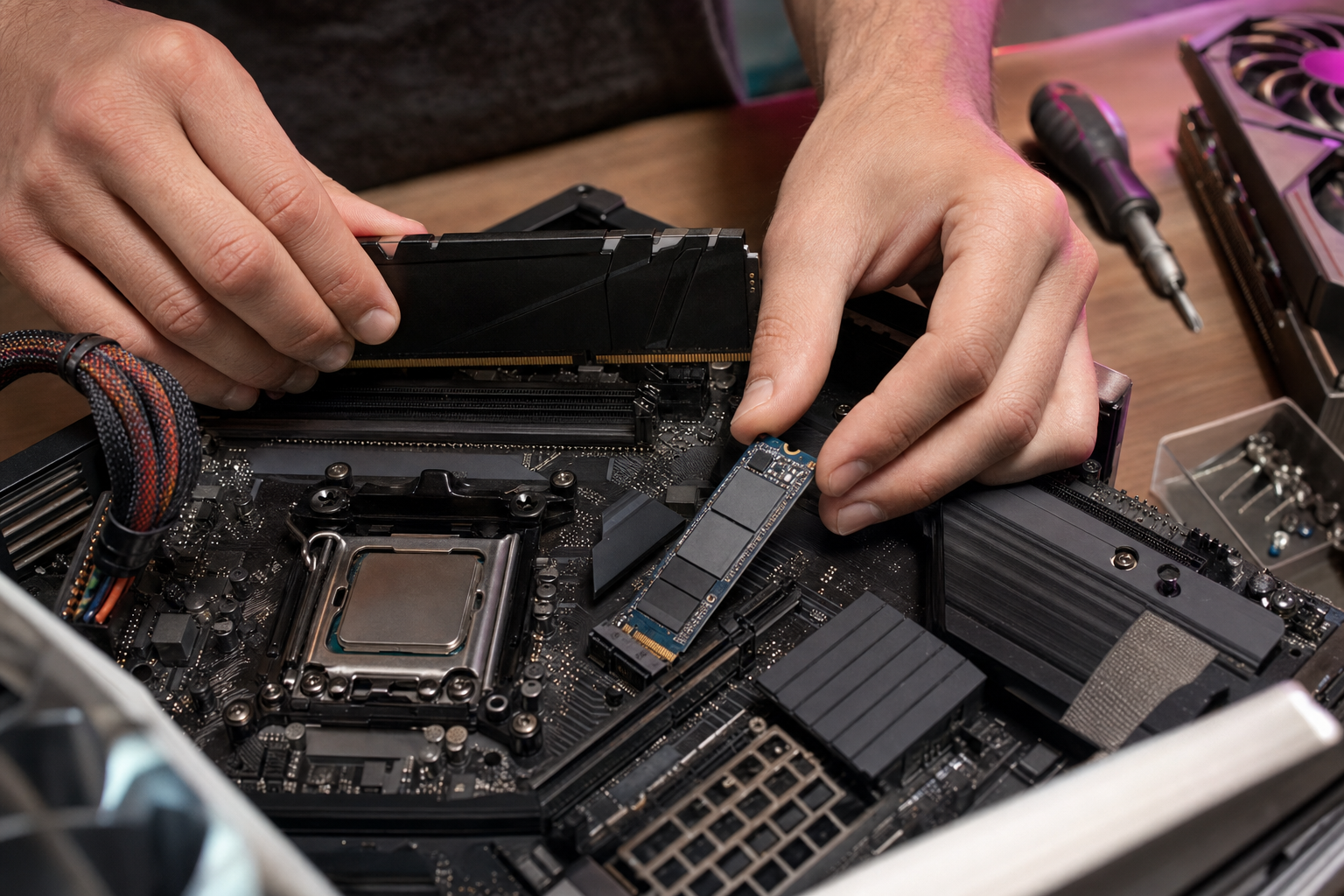 Installation d'une barrette de mémoire et d'un SSD M.2 sur une carte mère ouverte